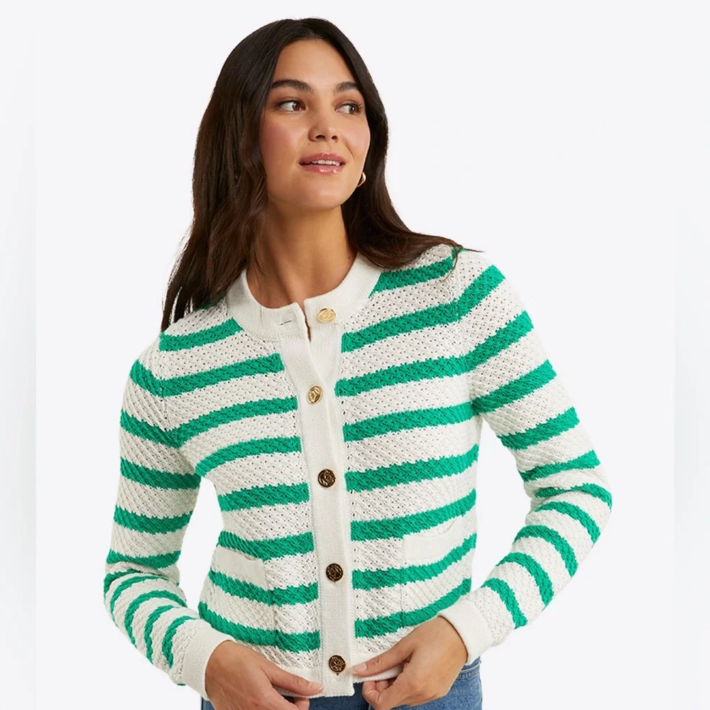 NWT Draper James Rita crewneck green & white striped cardigan size large - Picture 1 of 7